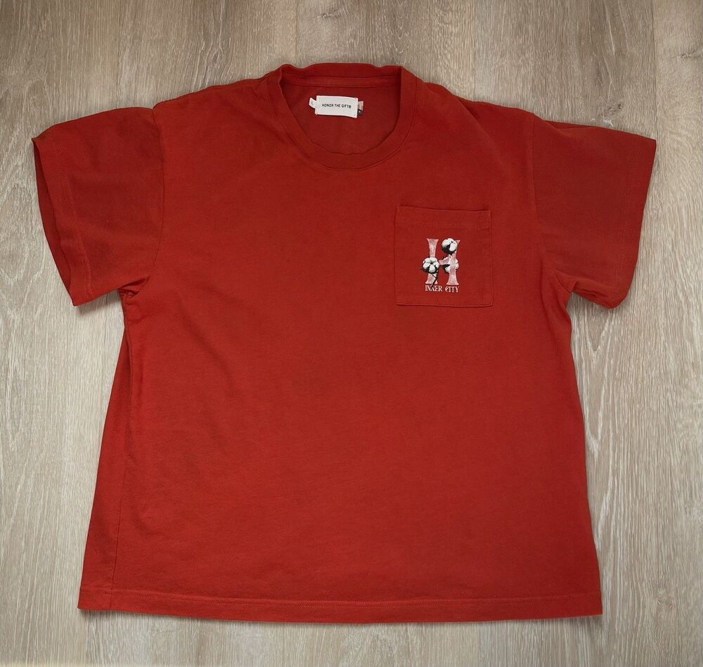 Honor The Gift Men’s Large Red Boxy Pocket T-Shirt Back Graphic| 100% Cotton